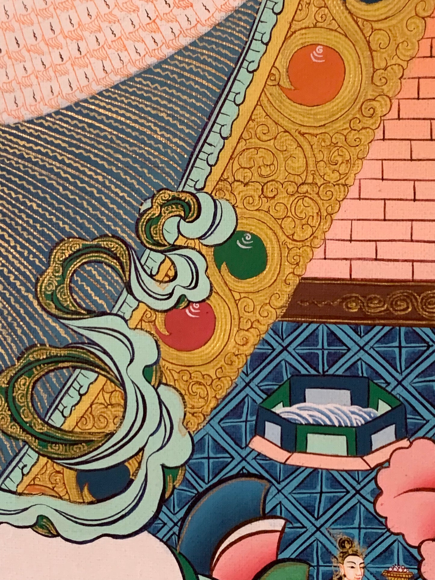Thousand Armed Avalokiteshvara Five Dhyani Buddha Blue Gold Brocade Thangka