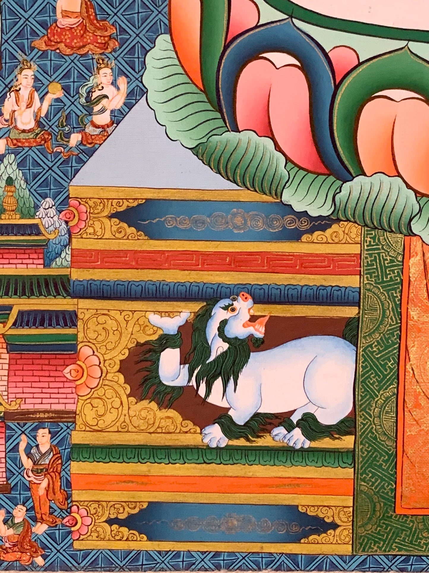 Thousand Armed Avalokiteshvara Five Dhyani Buddha Blue Gold Brocade Thangka