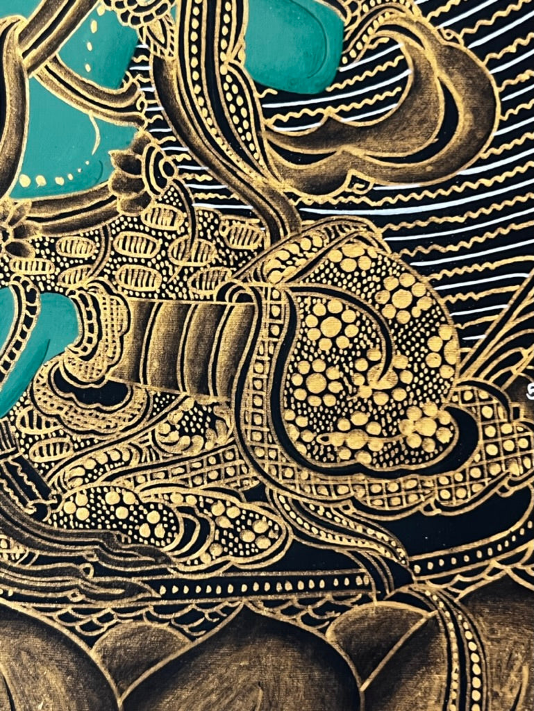 Green Tara Geometric Black Background Thangka