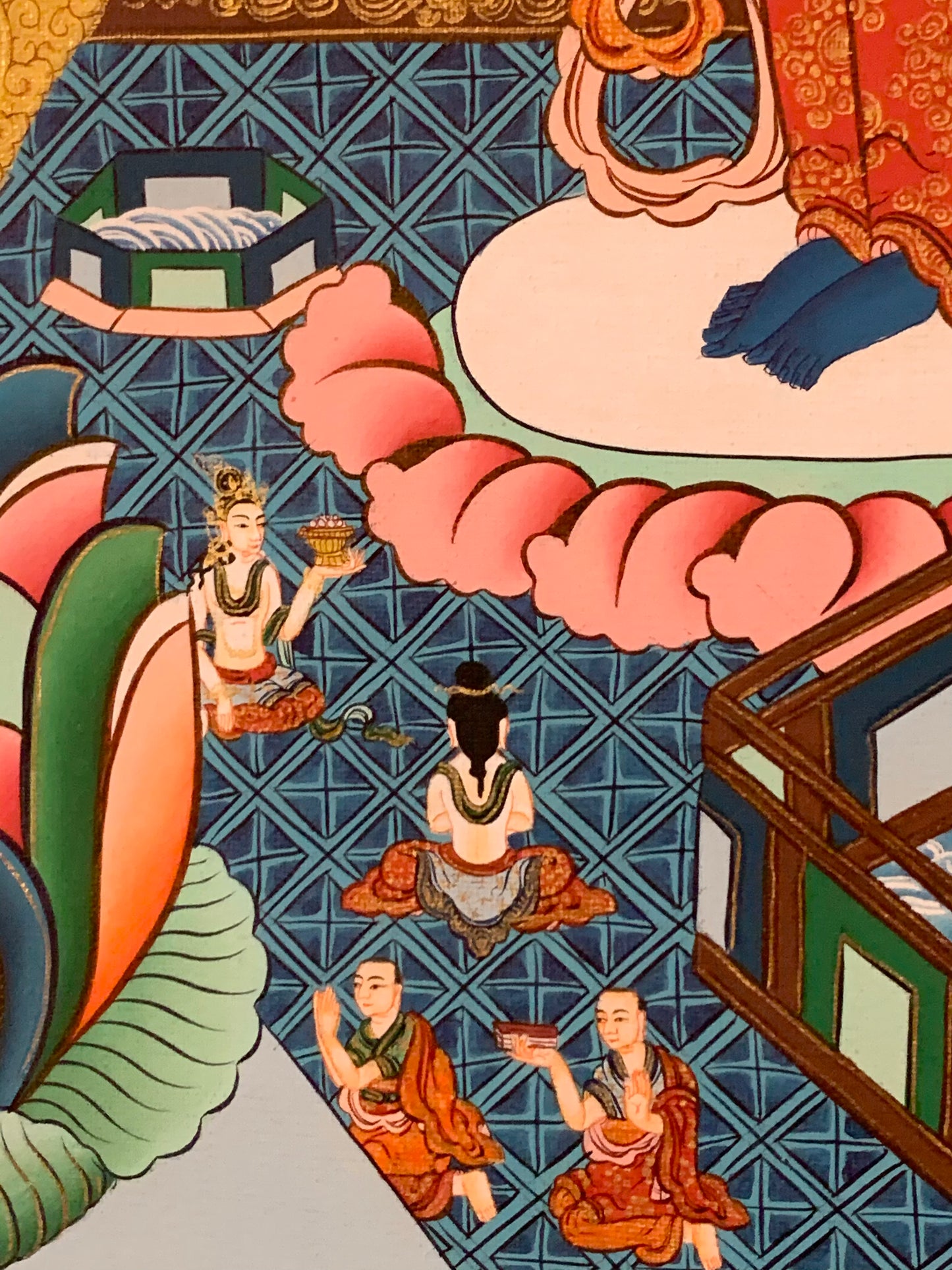 Thousand Armed Avalokiteshvara Five Dhyani Buddha Blue Gold Brocade Thangka
