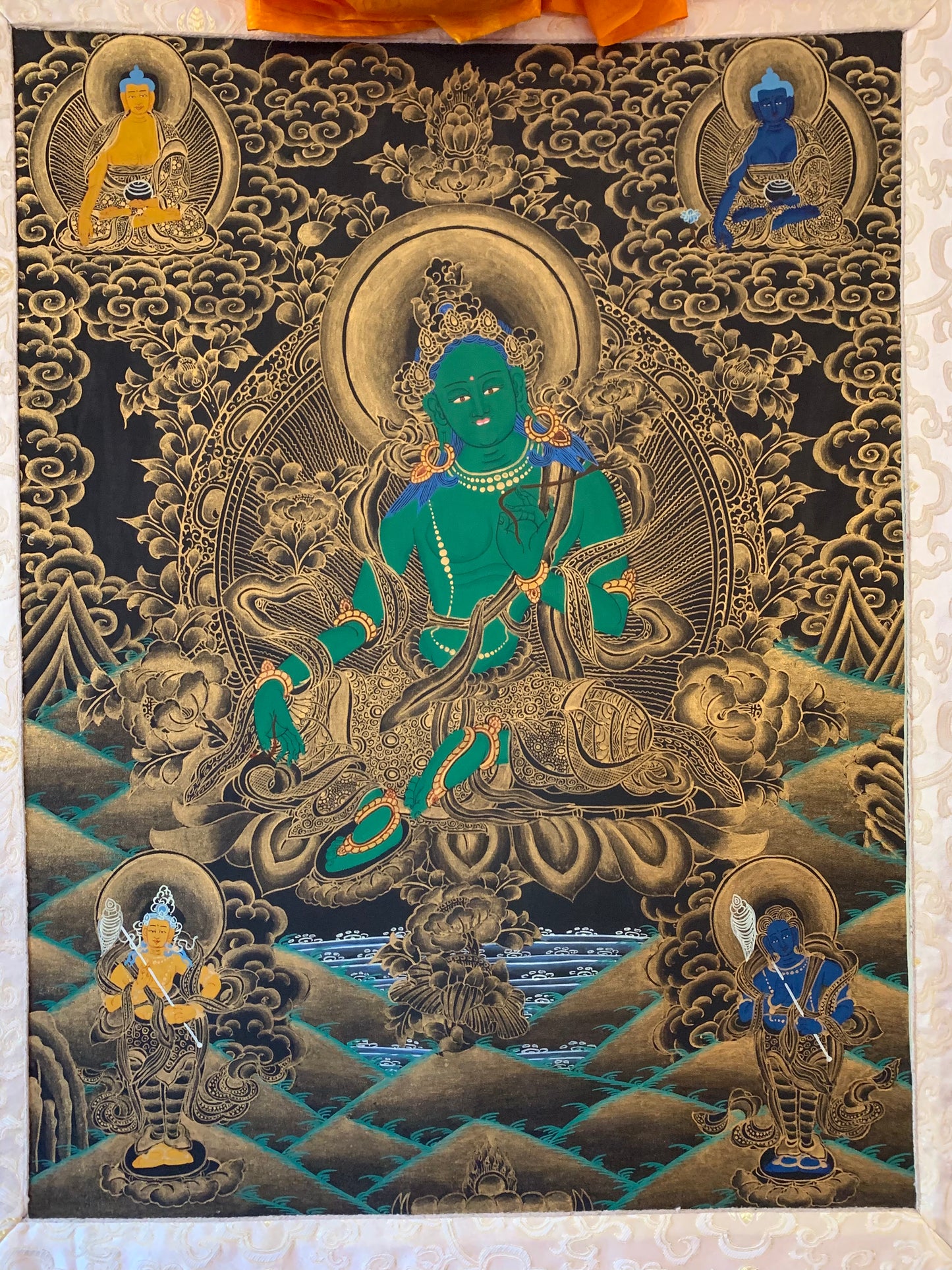 Green Tara Black and Gold Brocade Thangka