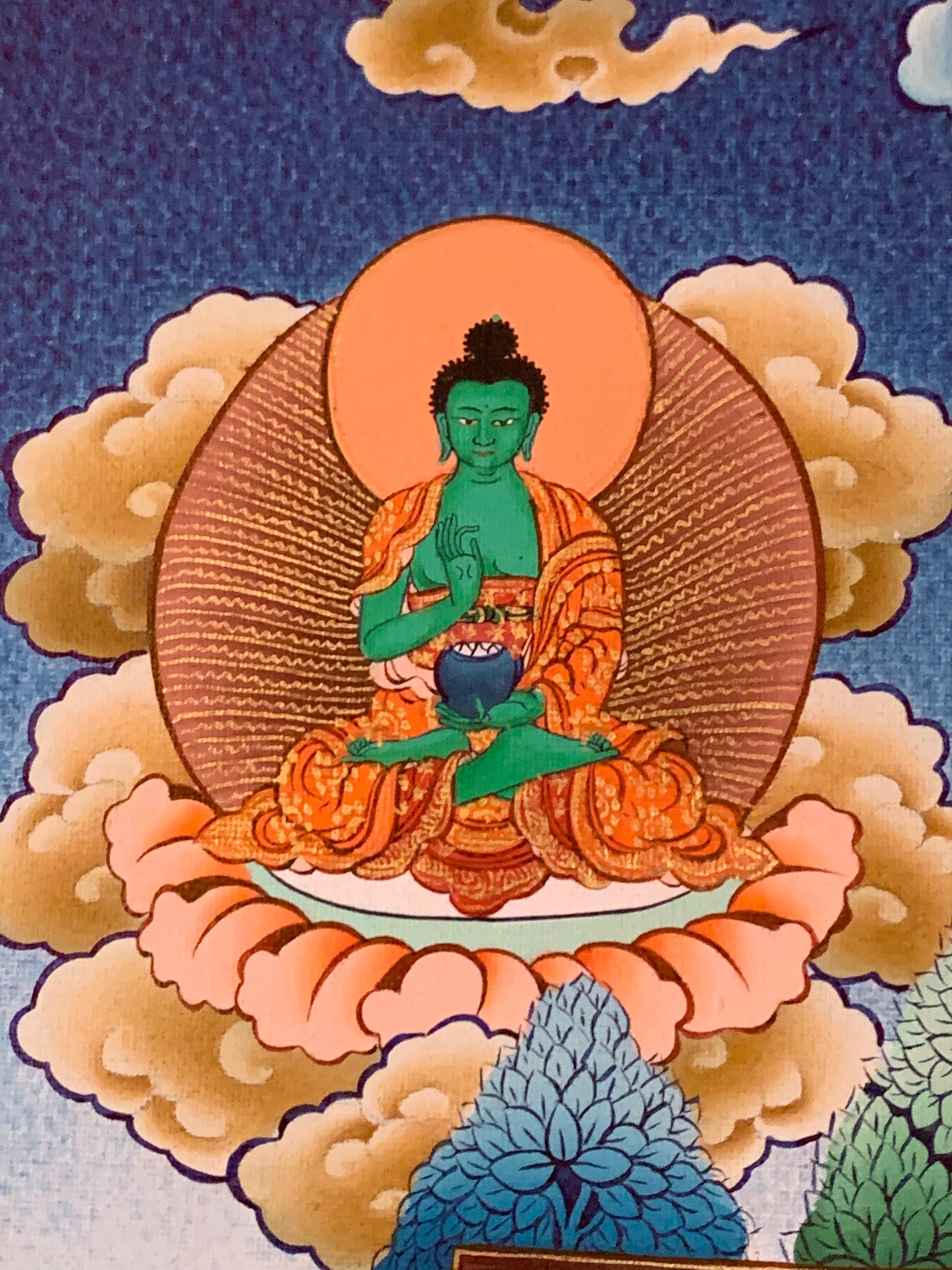 Thousand Armed Avalokiteshvara Five Dhyani Buddha Blue Gold Brocade Thangka