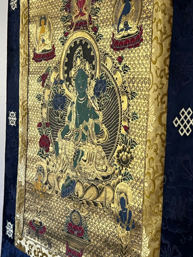 Green Tara Geometric Black Background Thangka