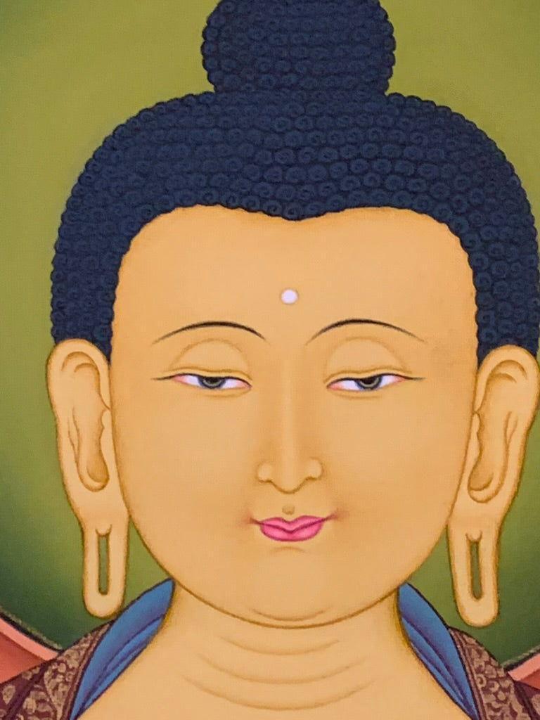Shakyamuni With Attendants Blue Gold Floral Brocade Thangka