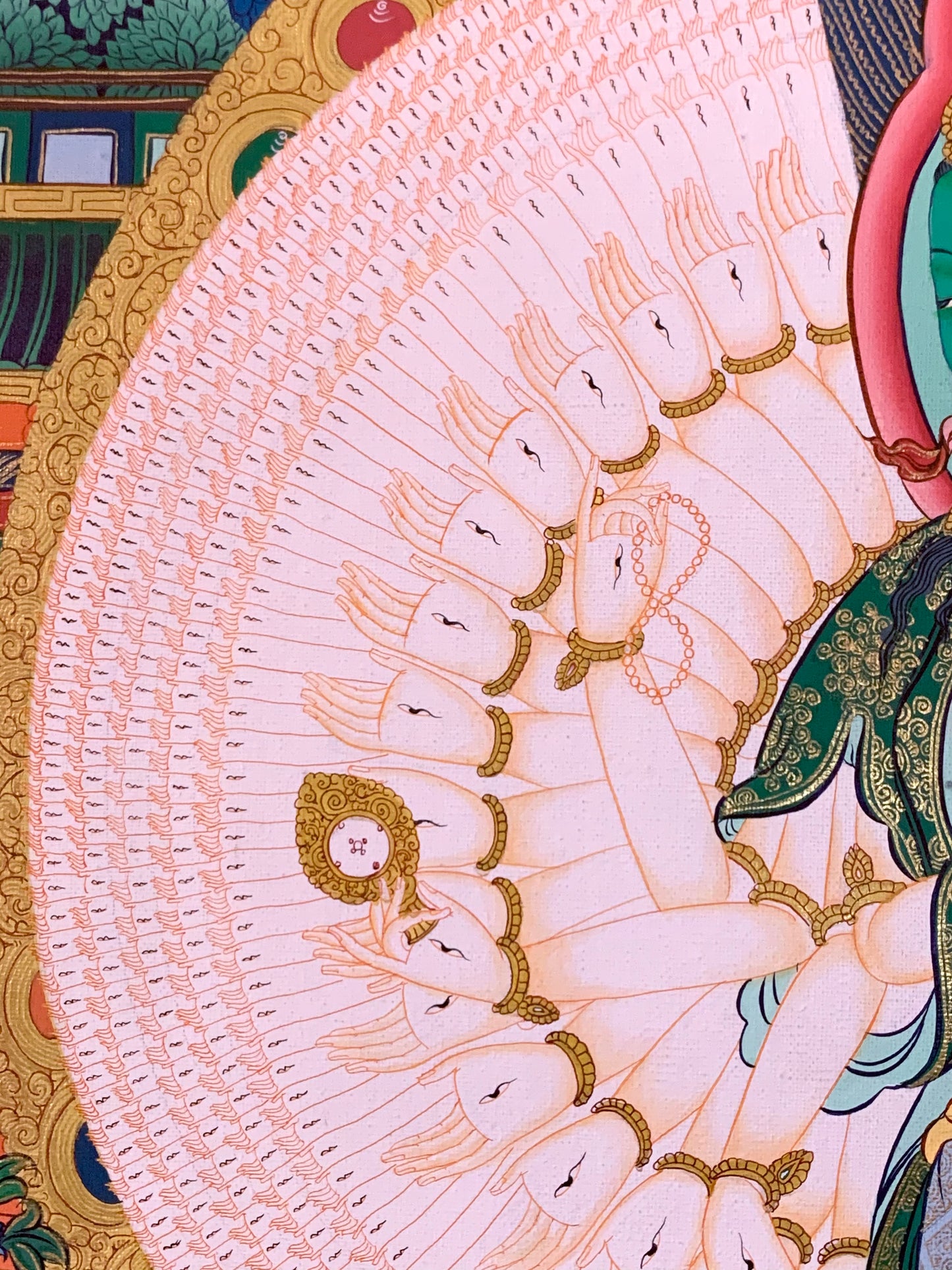 Thousand Armed Avalokiteshvara Five Dhyani Buddha Blue Gold Brocade Thangka