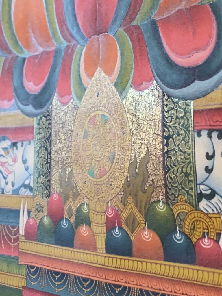 Shakyamuni With Attendants Blue Gold Floral Brocade Thangka