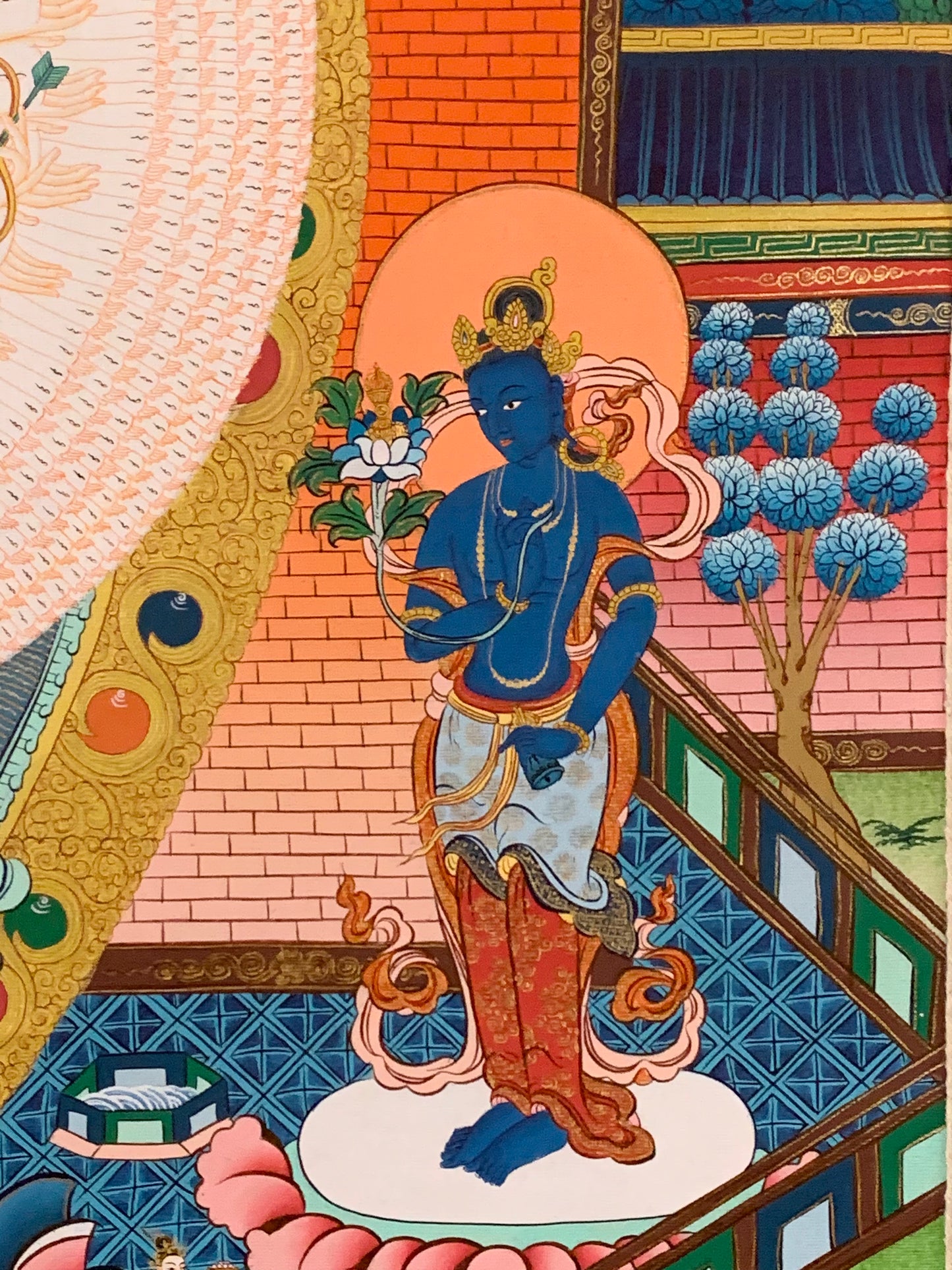 Thousand Armed Avalokiteshvara Five Dhyani Buddha Blue Gold Brocade Thangka
