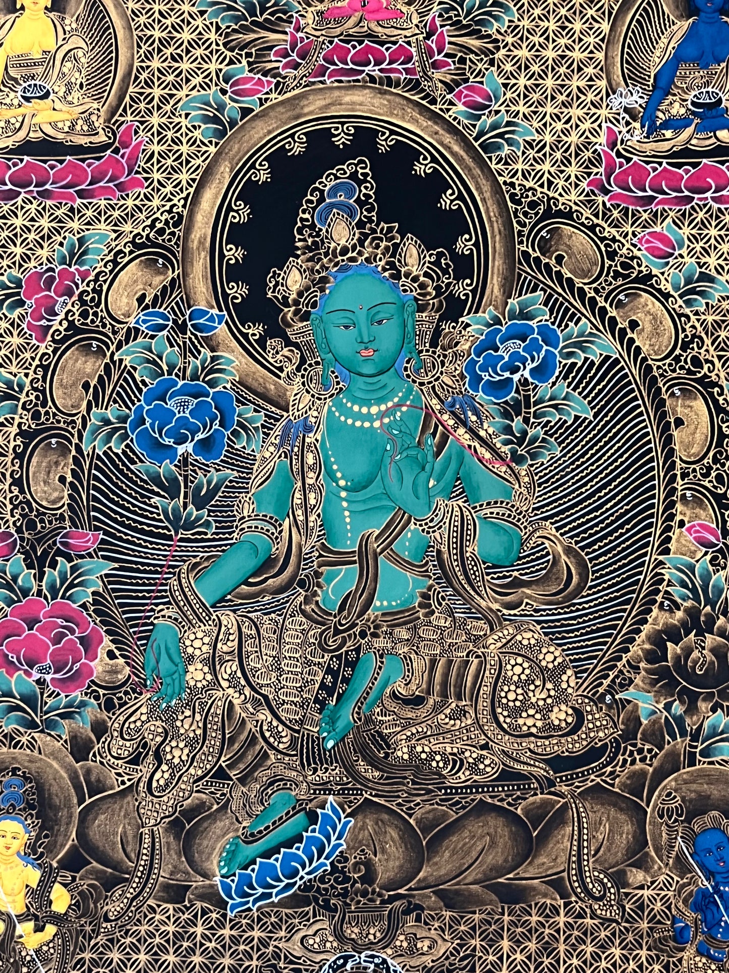 Green Tara Geometric Black Background Thangka