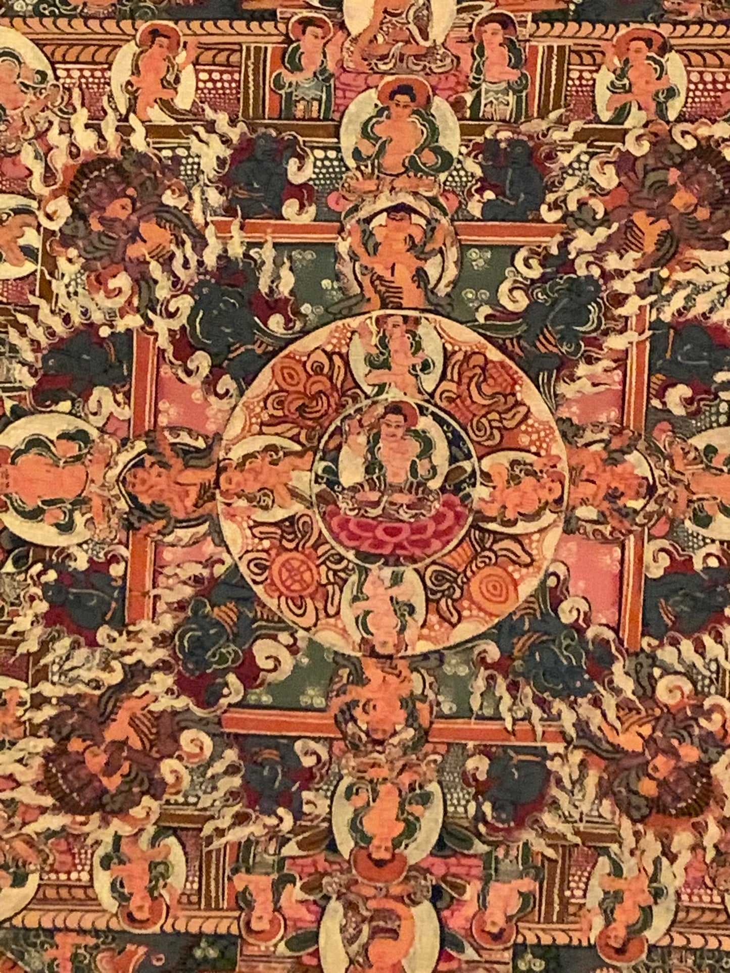 Five Mandala Burgundy Brocade Thangka