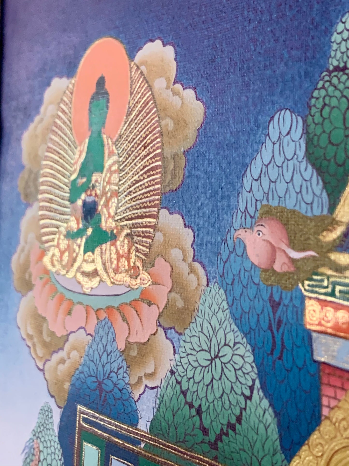 Thousand Armed Avalokiteshvara Five Dhyani Buddha Blue Gold Brocade Thangka
