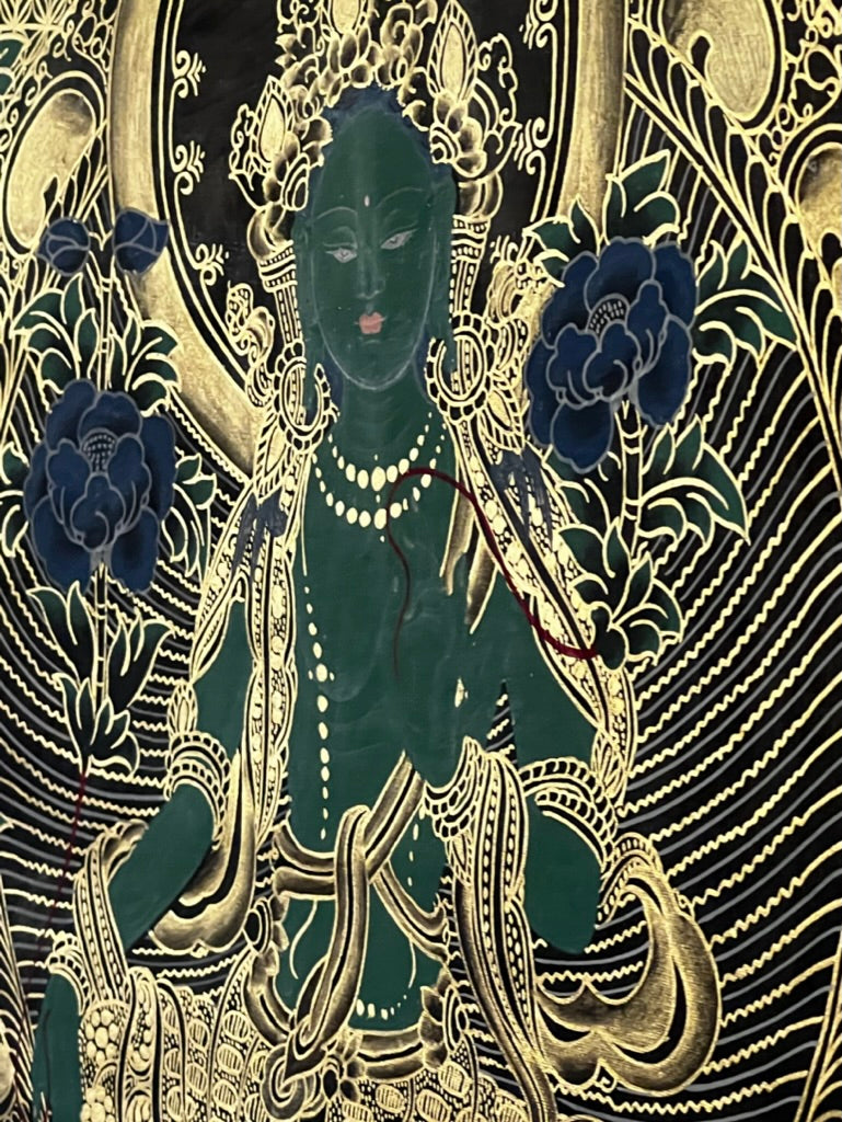 Green Tara Geometric Black Background Thangka