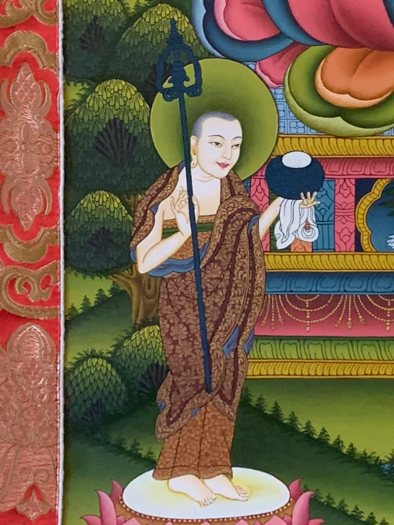 Shakyamuni With Attendants Blue Gold Floral Brocade Thangka