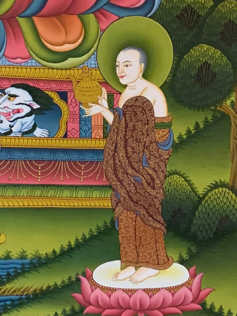 Shakyamuni With Attendants Blue Gold Floral Brocade Thangka