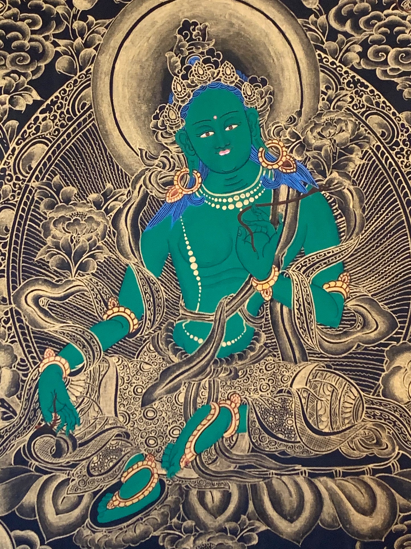 Green Tara Black and Gold Brocade Thangka