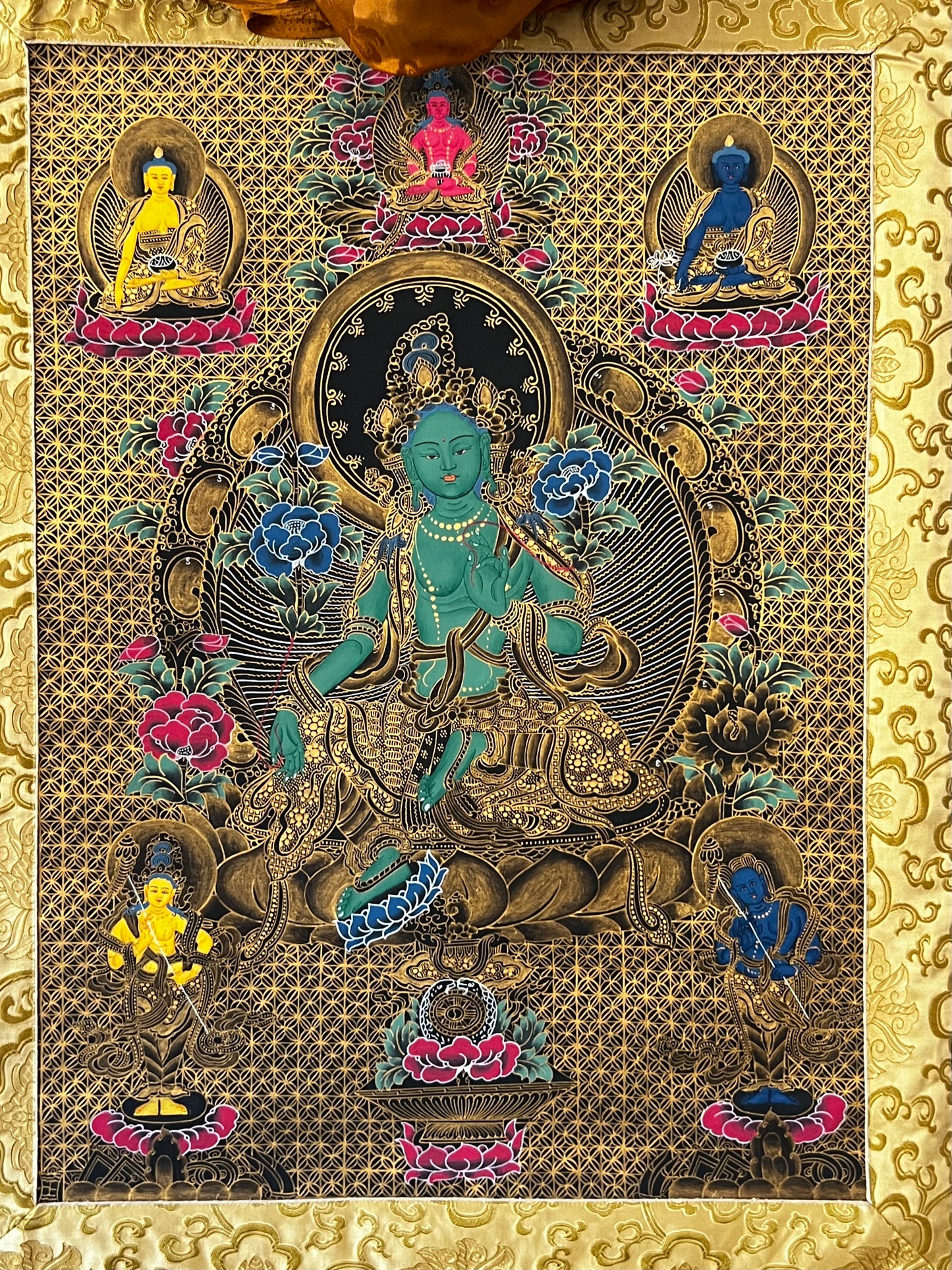 Green Tara Geometric Black Background Thangka