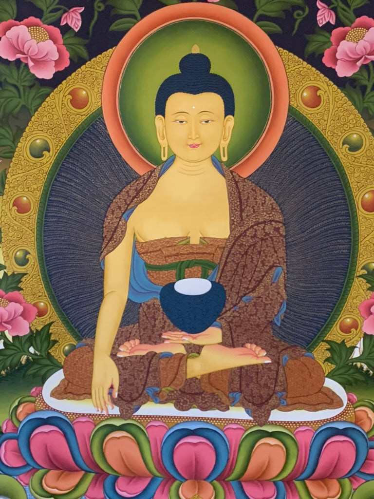 Shakyamuni With Attendants Blue Gold Floral Brocade Thangka