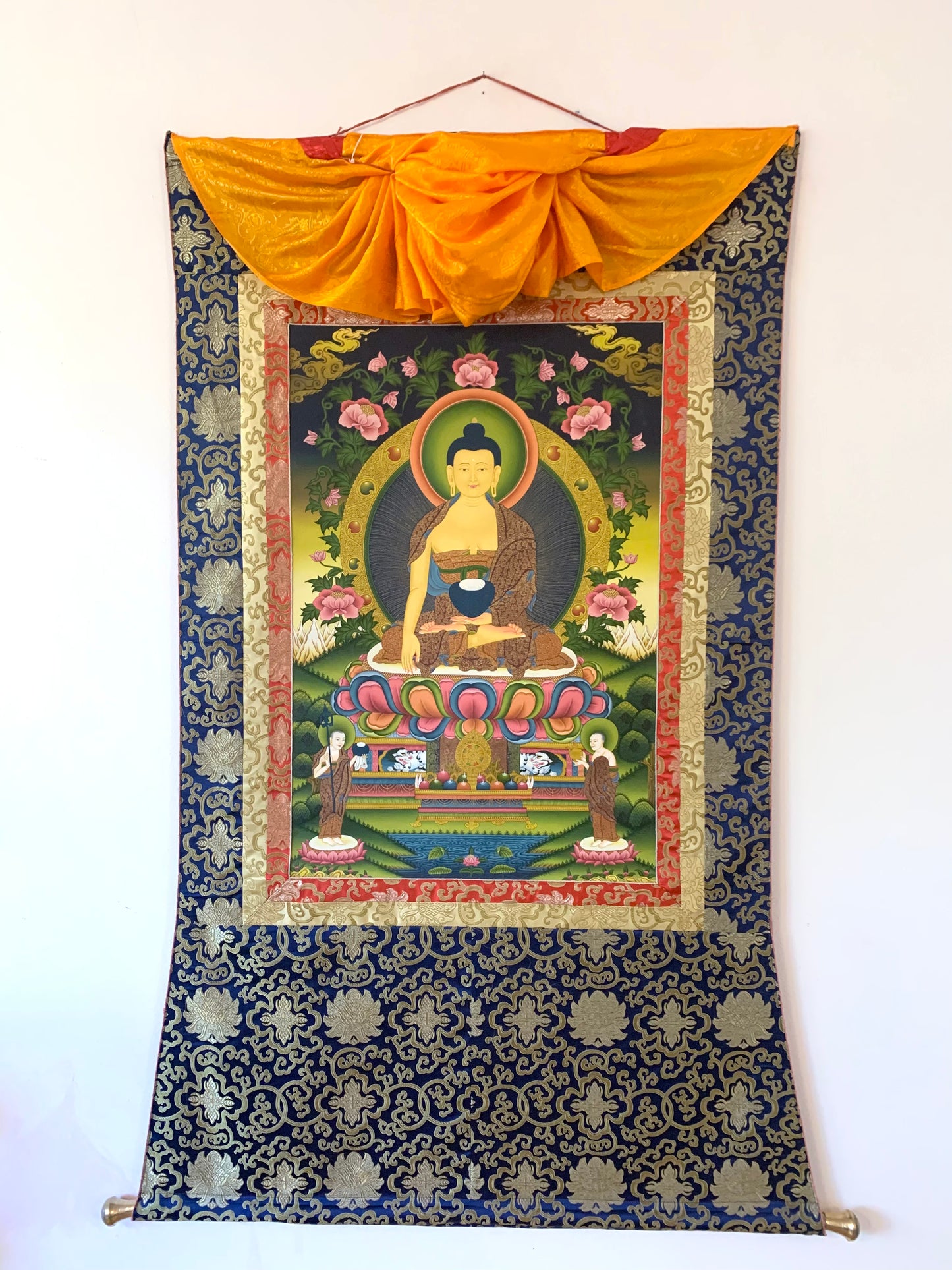 Shakyamuni With Attendants Blue Gold Floral Brocade Thangka