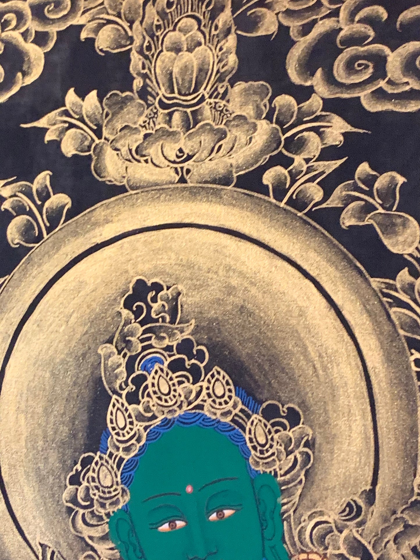 Green Tara Black and Gold Brocade Thangka