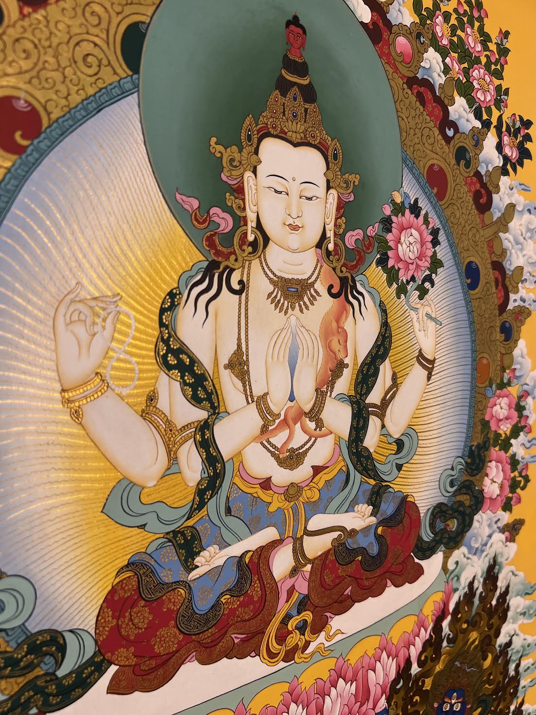 Chenrezig Compassion Thangka on Yellow Background Thangka
