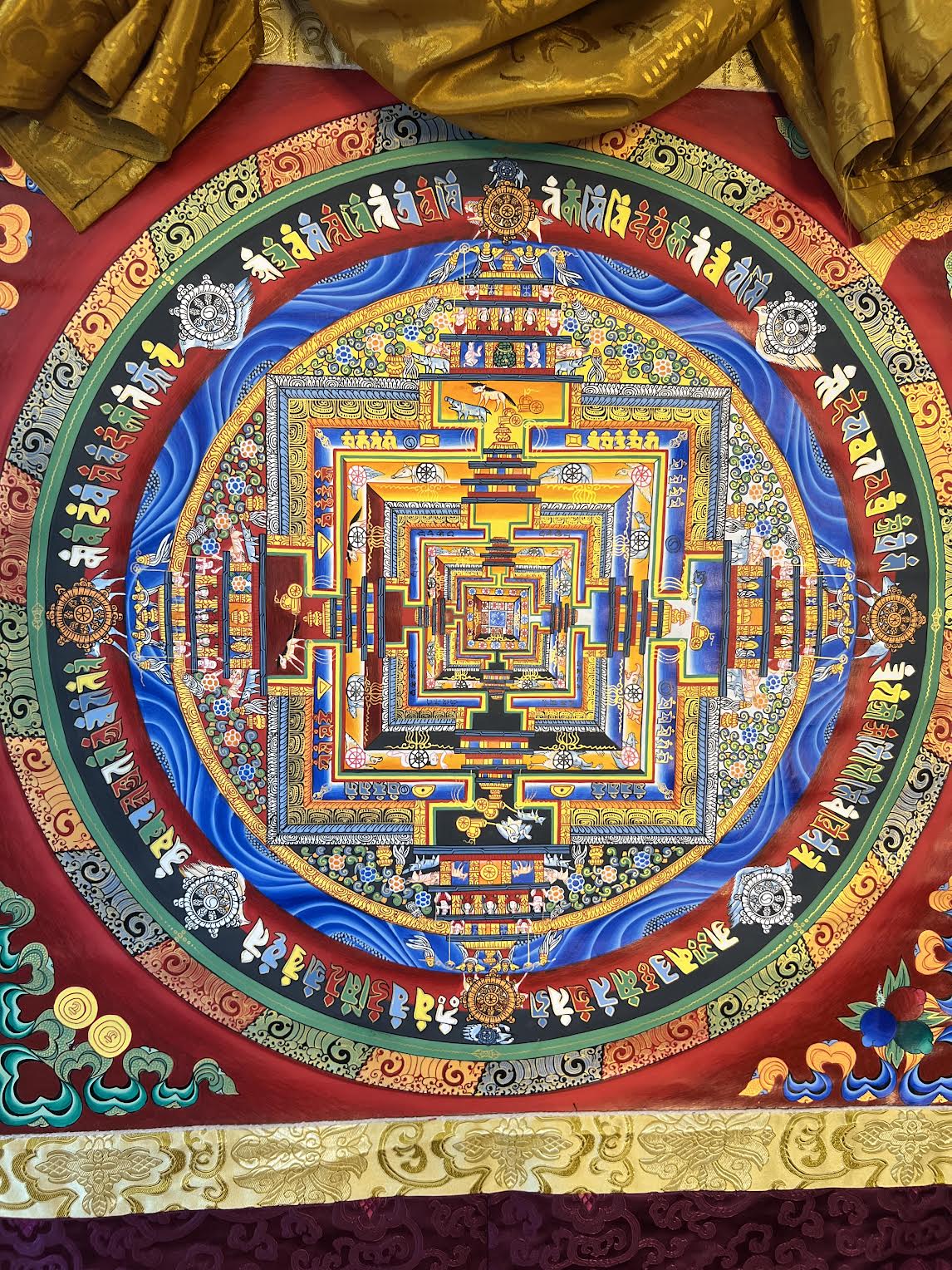 Kalachakra Mandala Eight Auspicious Symbols On Red Background Thangka