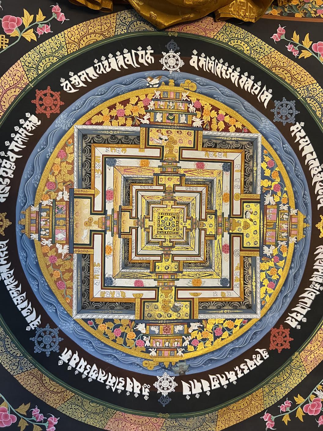 Kalachakra Mandala With Eight Auspicious Symbols Aqua Brocade Thangka