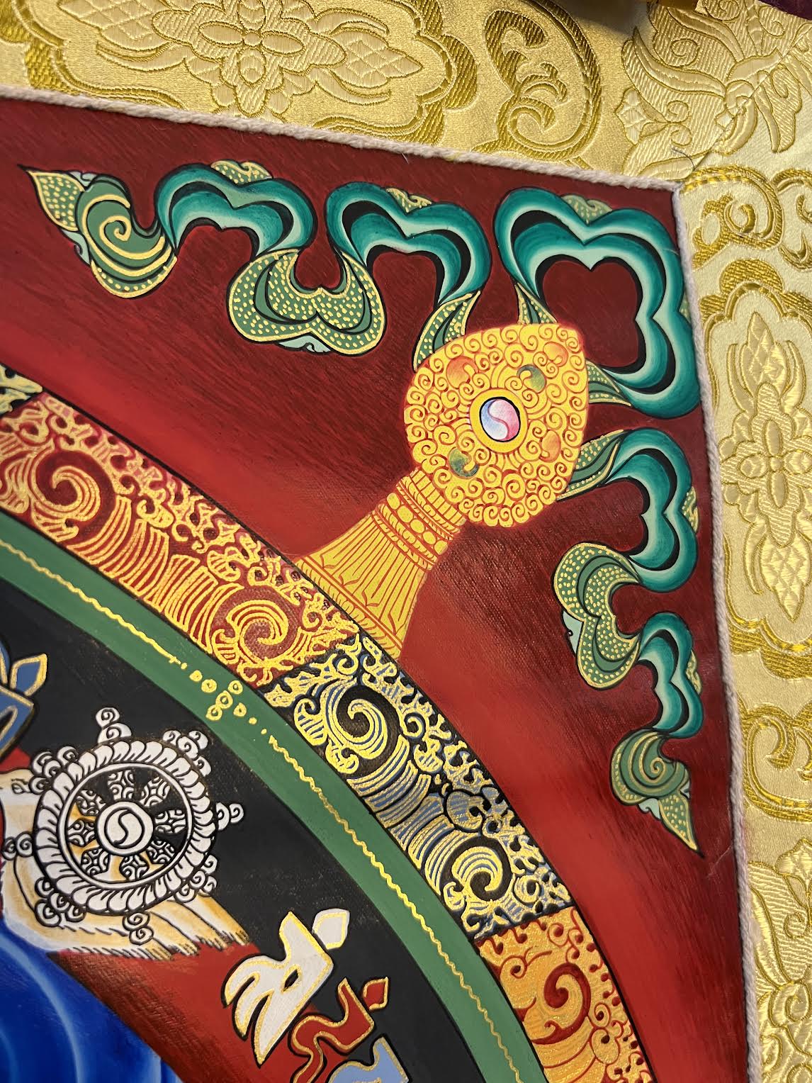 Kalachakra Mandala Eight Auspicious Symbols On Red Background Thangka