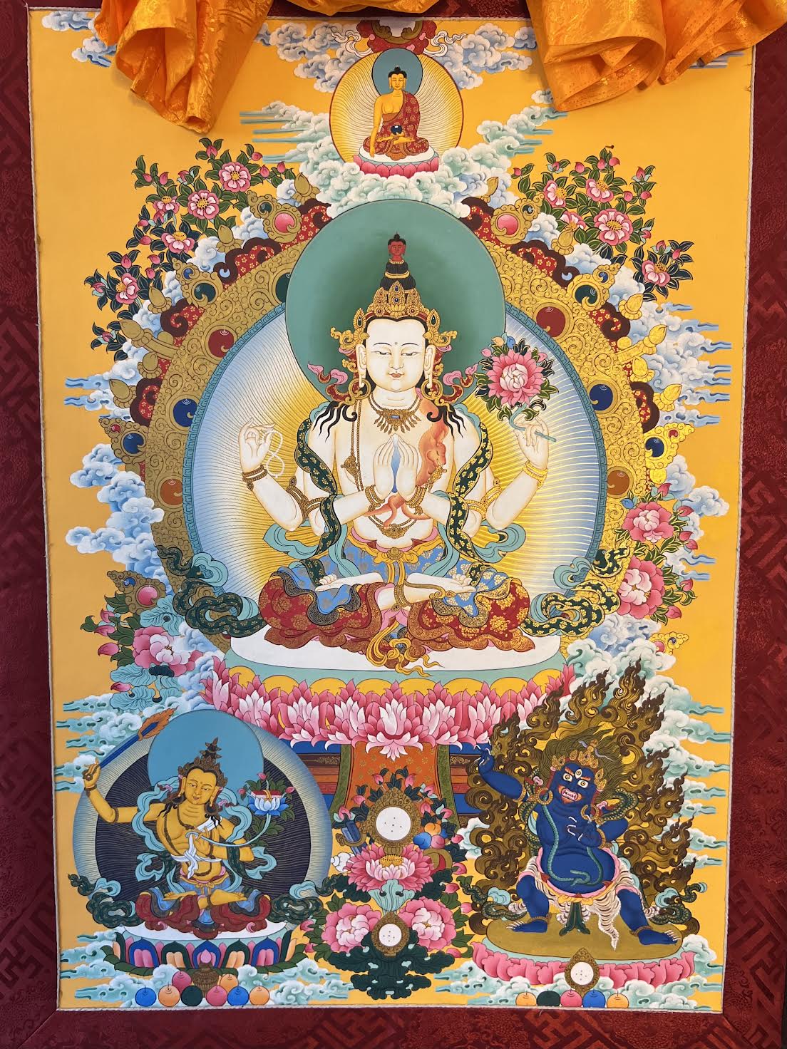 Chenrezig Compassion Thangka on Yellow Background Thangka