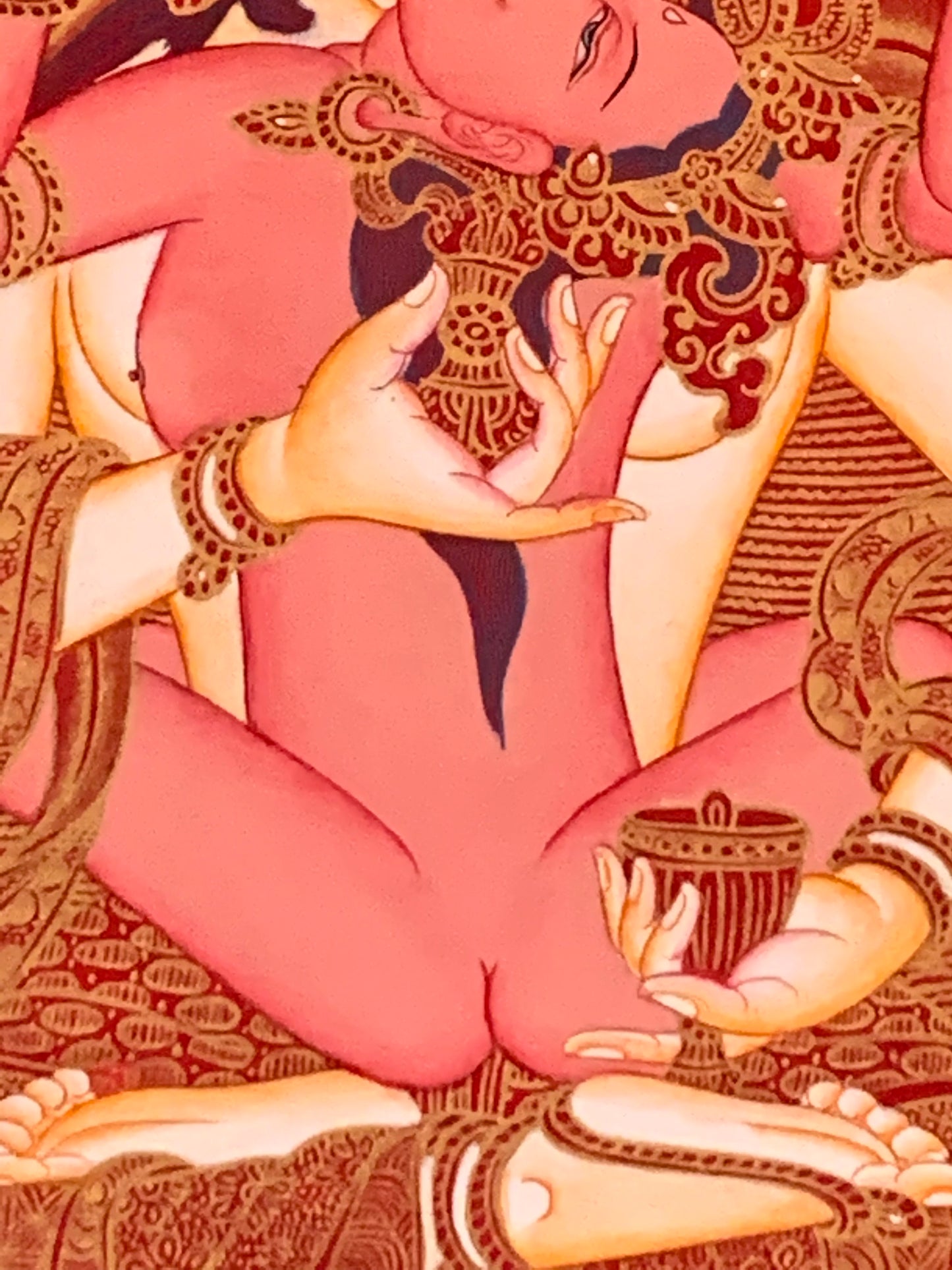 Vajrasattva With Consort Red Gold Brocade Thangka