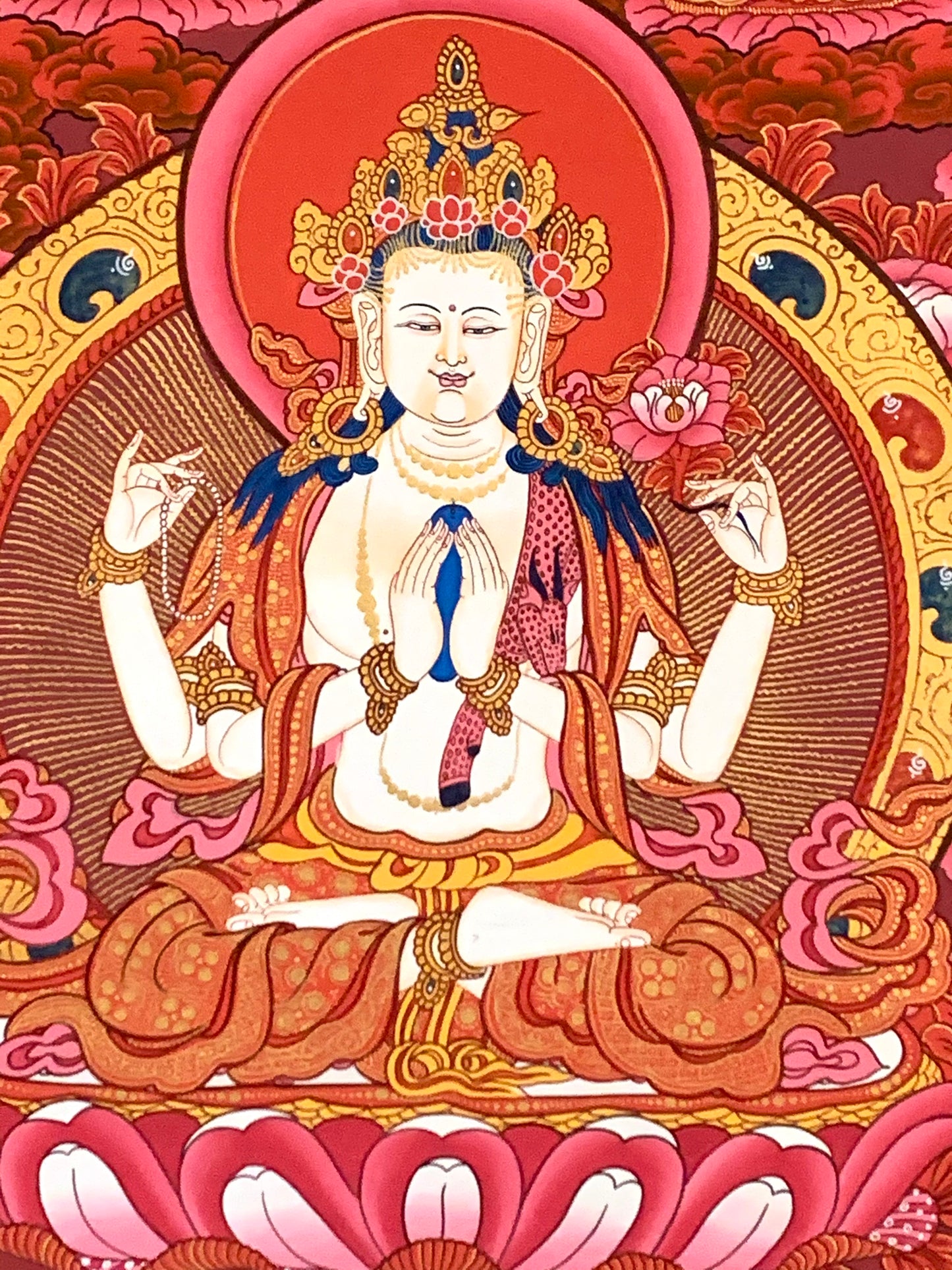 Chenrezig Five Dhyani Buddhas Red Light Brocade Thangka