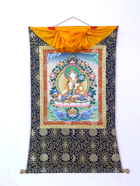 White Tara Floral Blue Gold Brocade Thangka