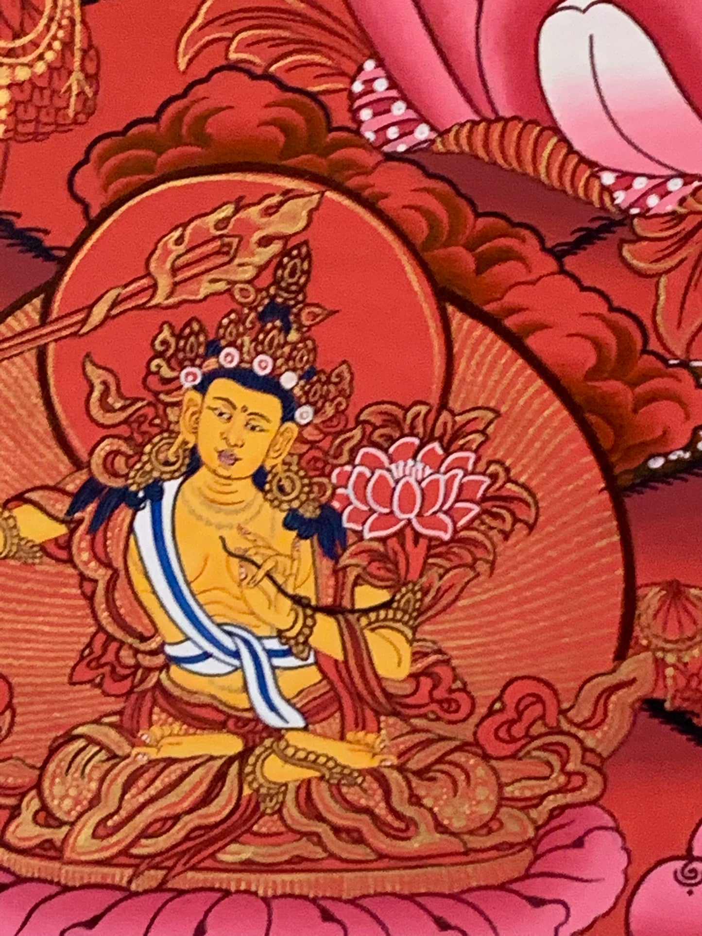 Chenrezig Five Dhyani Buddhas Red Light Brocade Thangka