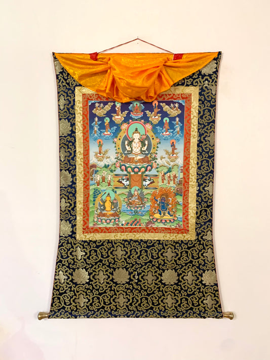 Chenrezig Gold and Blue Brocade Thangka