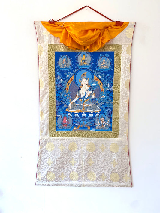 White Tara Blue Long Life Thangka