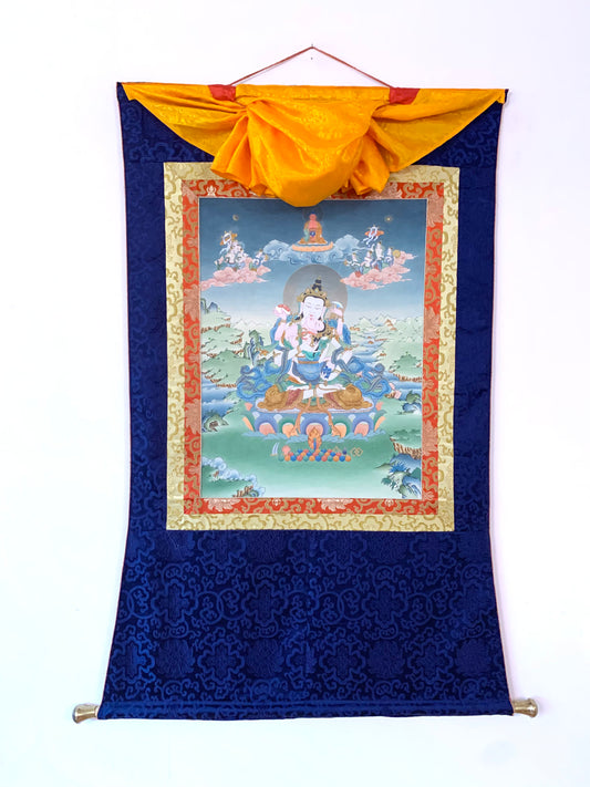 Vajrasattva With Consort Blue Brocade Thangka