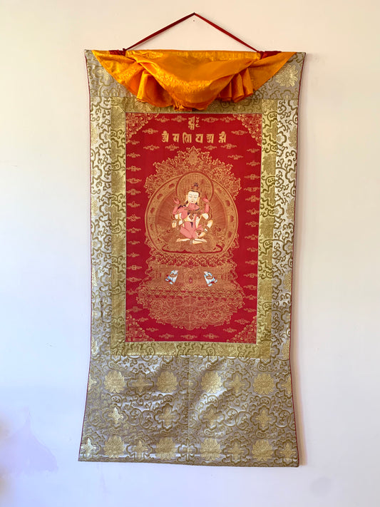 Vajrasattva With Consort Red Gold Brocade Thangka