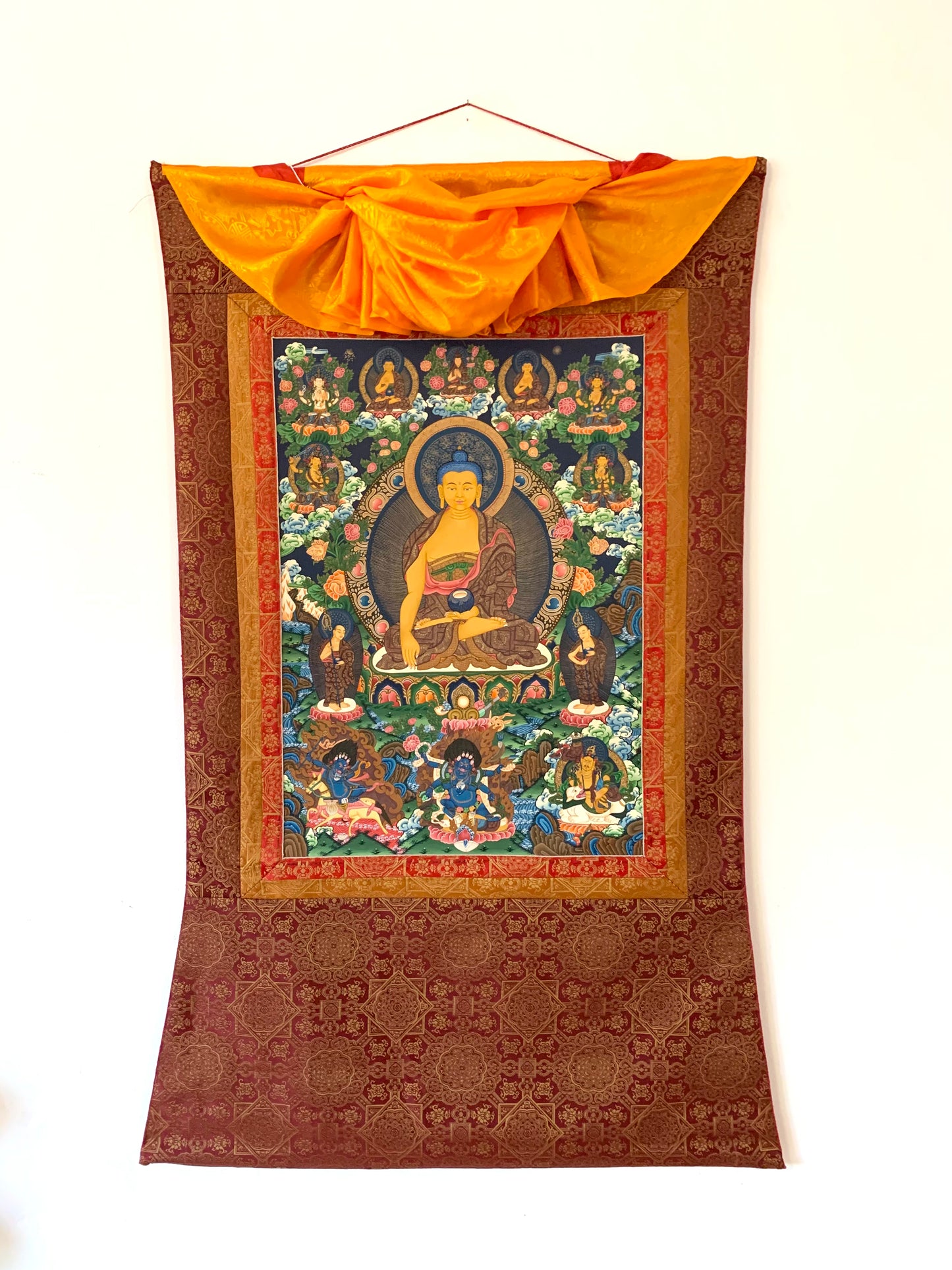 Shakyamuni Buddha Red Gold Brocade Thangka