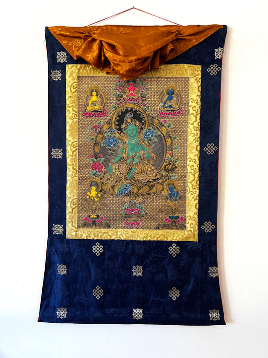 Green Tara Geometric Black Background Thangka