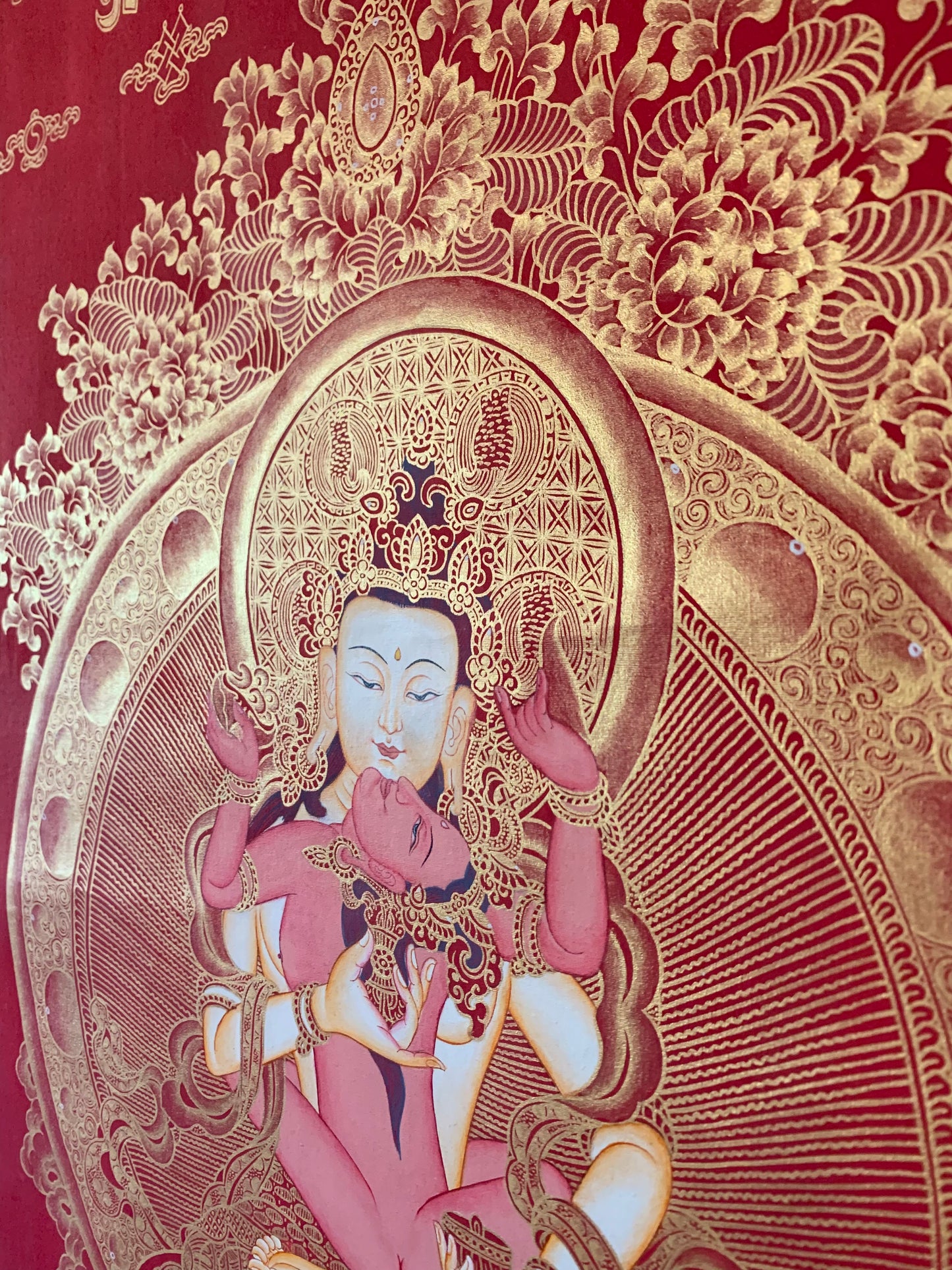 Vajrasattva With Consort Red Gold Brocade Thangka