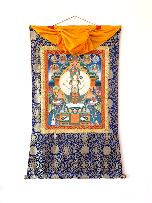 Thousand Armed Avalokiteshvara Five Dhyani Buddha Blue Gold Brocade Thangka