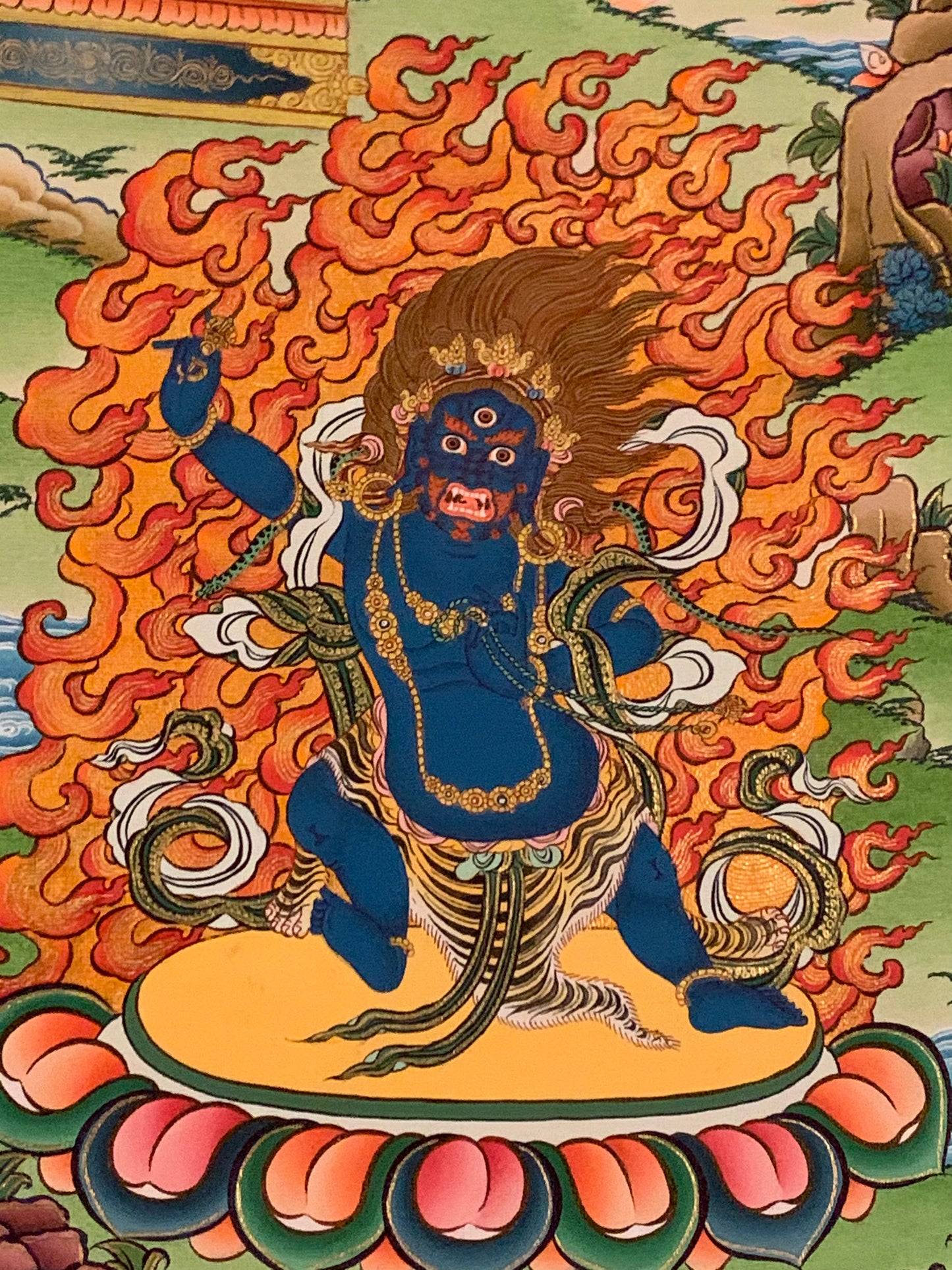 Chenrezig Gold and Blue Brocade Thangka