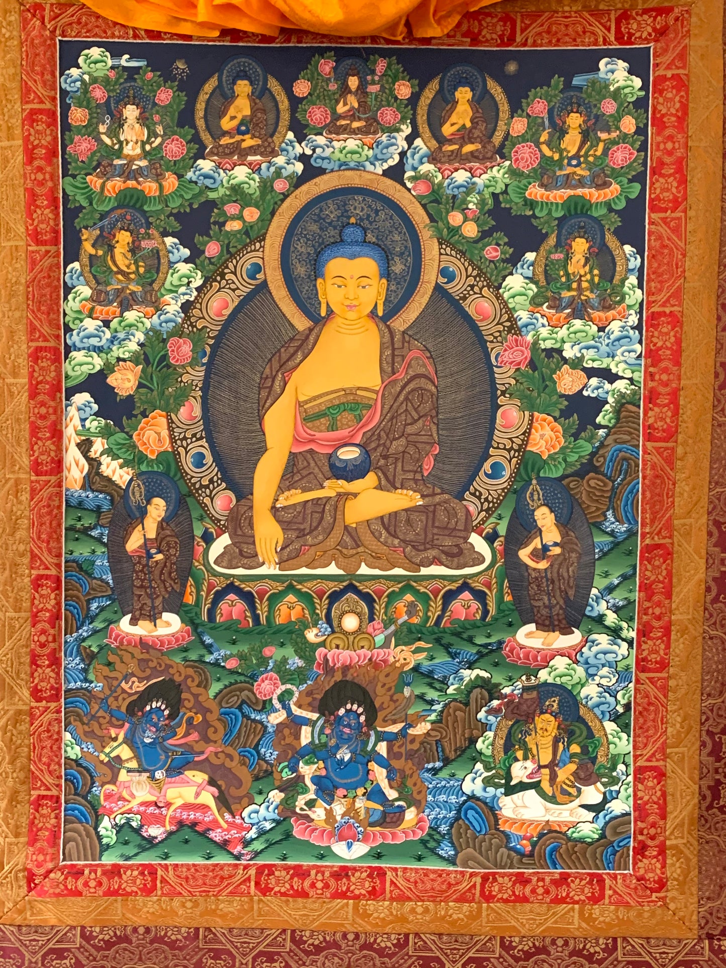 Shakyamuni Buddha Red Gold Brocade Thangka