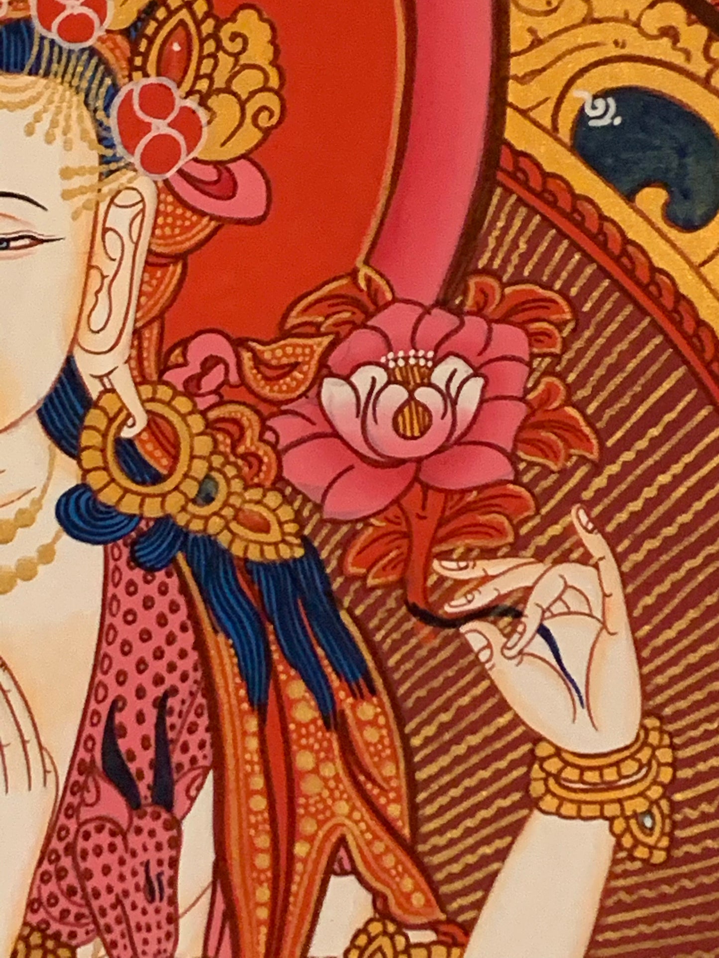 Chenrezig Five Dhyani Buddhas Red Light Brocade Thangka