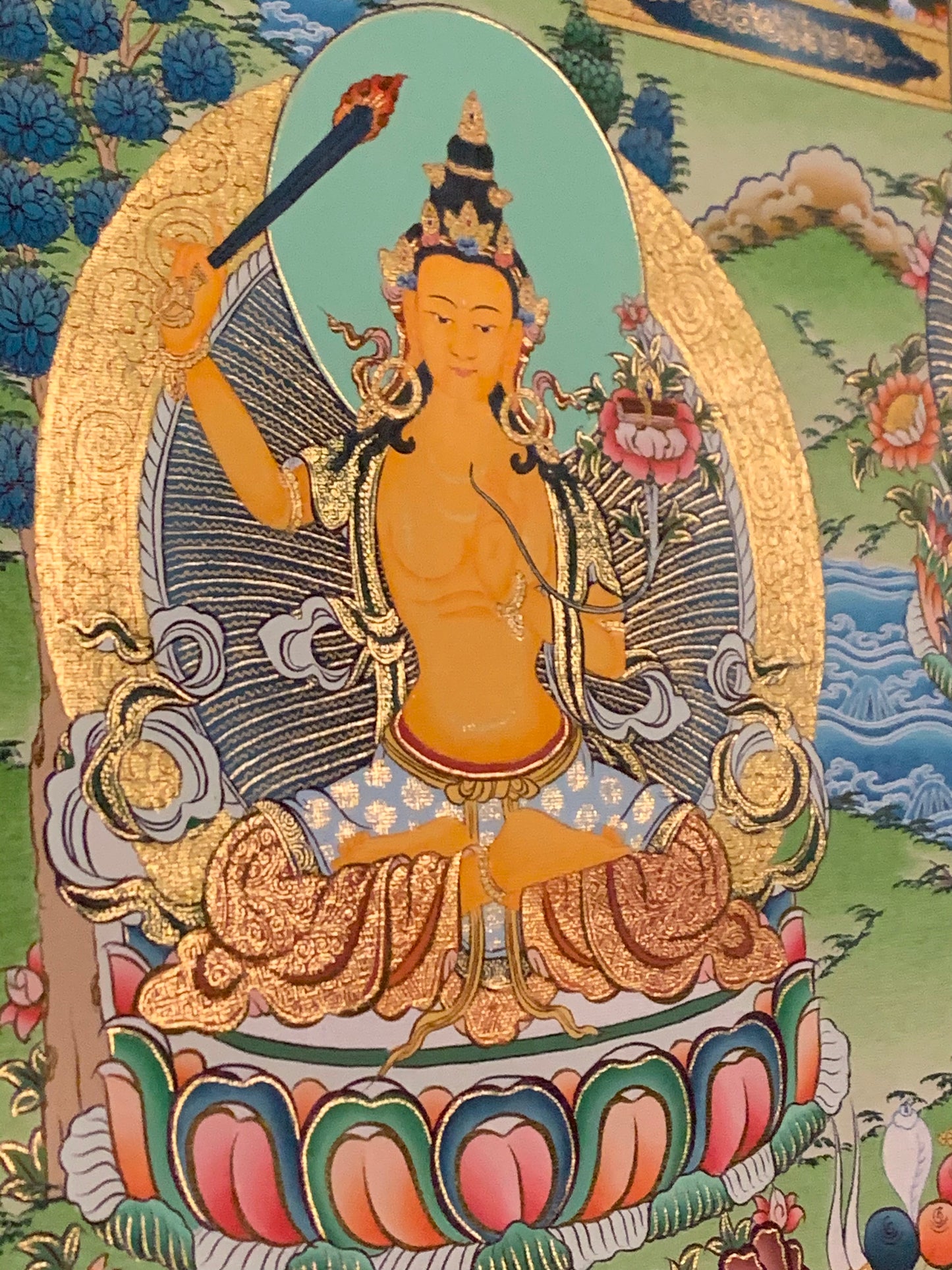 Chenrezig Gold and Blue Brocade Thangka