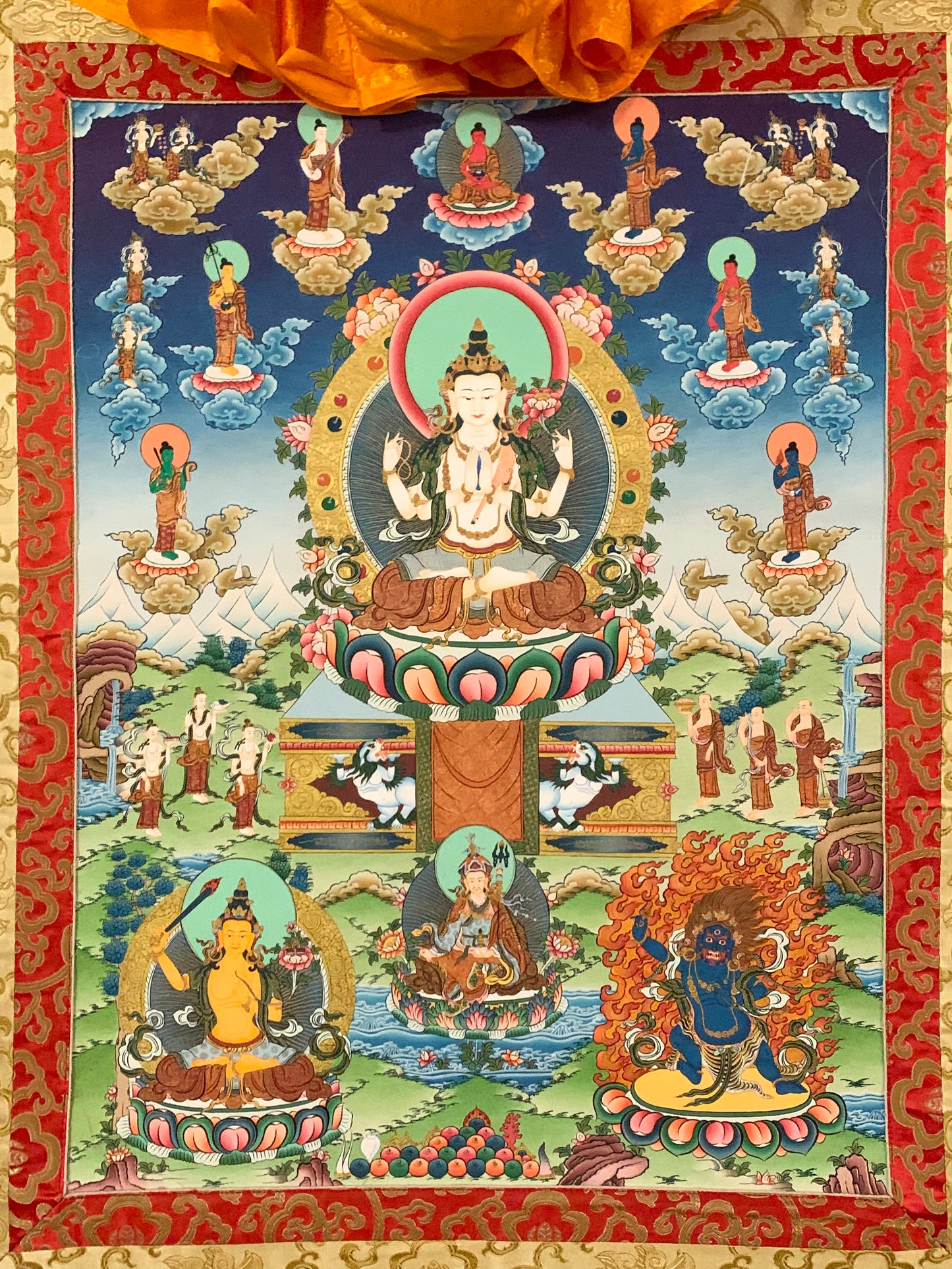 Chenrezig Gold and Blue Brocade Thangka