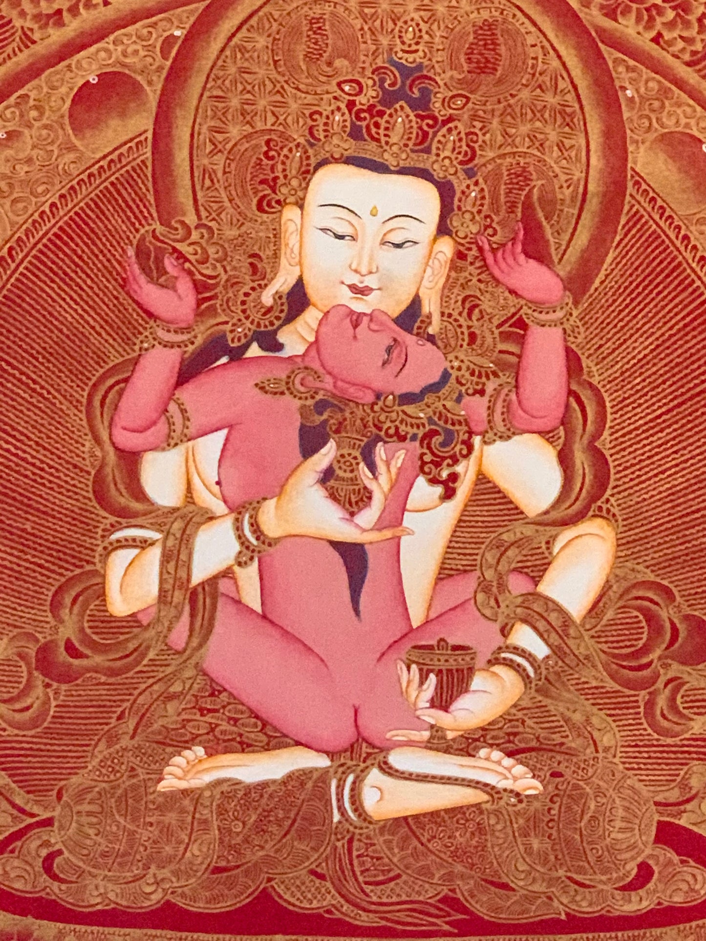 Vajrasattva With Consort Red Gold Brocade Thangka