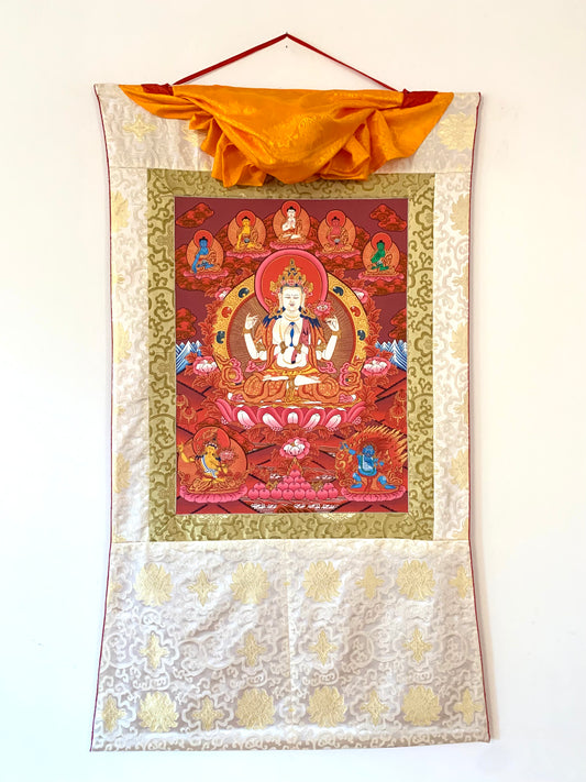 Chenrezig Five Dhyani Buddhas Red Light Brocade Thangka