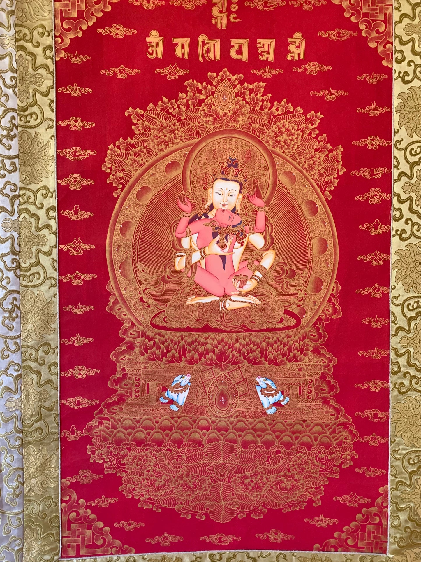 Vajrasattva With Consort Red Gold Brocade Thangka