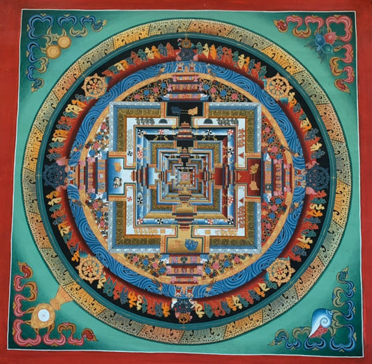 Kalachakra Mandala Eight Auspicious Symbols Green Unbrocaded Thangka