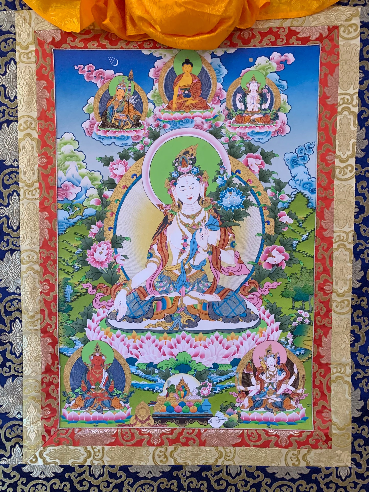 White Tara Long Life Floral Thangka