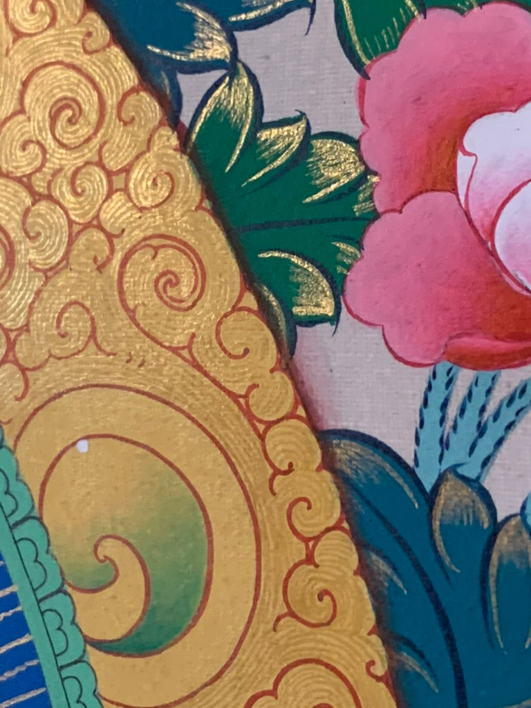 Chenrezig Blue Gold Floral Brocade Thangka